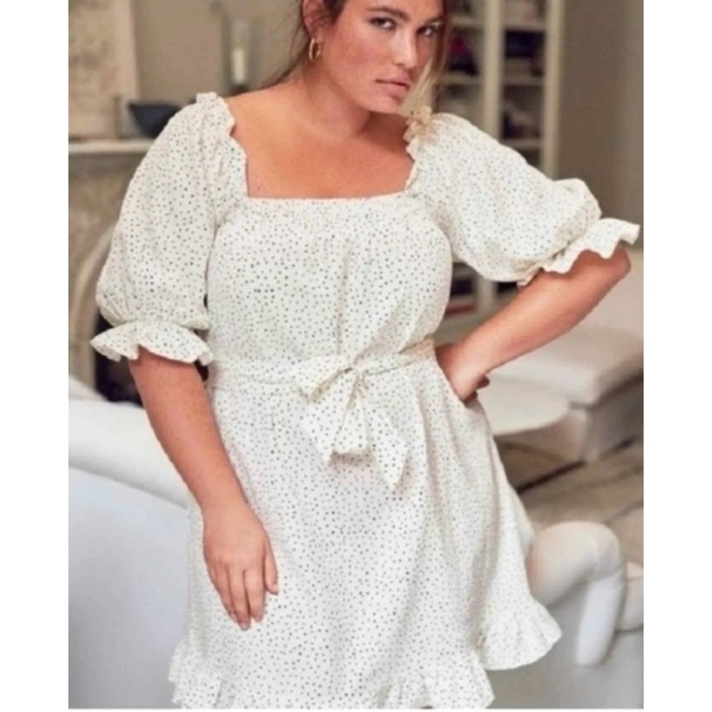 Eloquii Polka Dot Dress Linen Blend Smocked Puff Sleeves Tie Belt Boho Sz 18-20